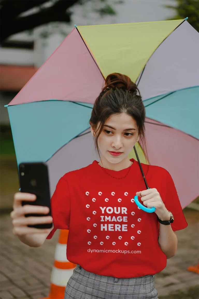 Woman Wearing Red T-shirt Mockup Front View Template