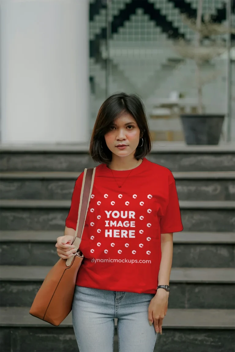 Woman Wearing Red T-shirt Mockup Front View Template