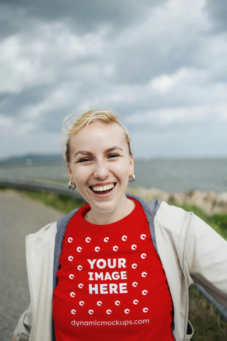 Woman Wearing Red T-shirt Mockup Front View Template