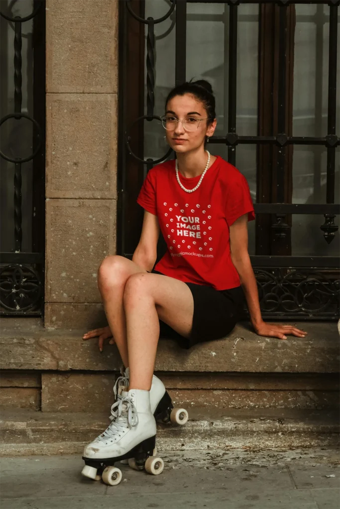 Woman Wearing Red T-shirt Mockup Front View Template