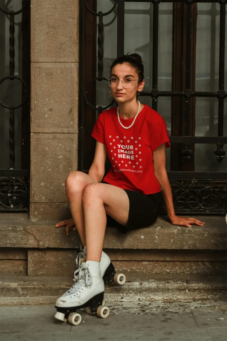Woman Wearing Red T-shirt Mockup Front View Template