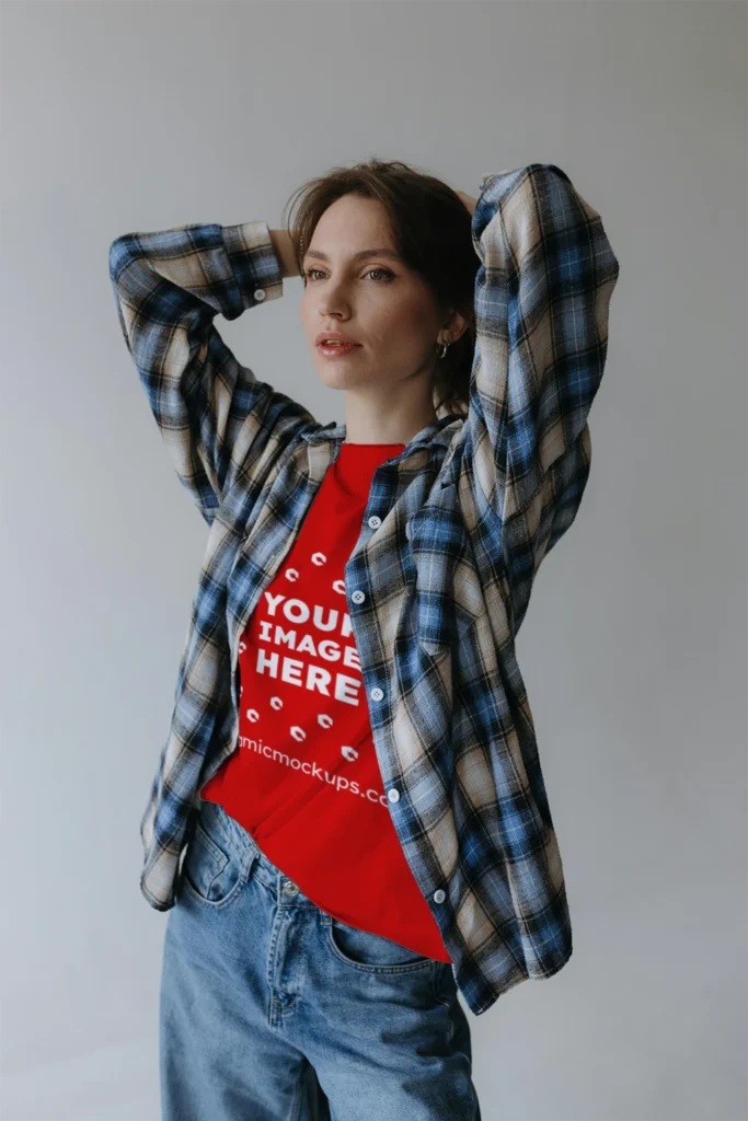 Woman Wearing Red T-shirt Mockup Front View Template