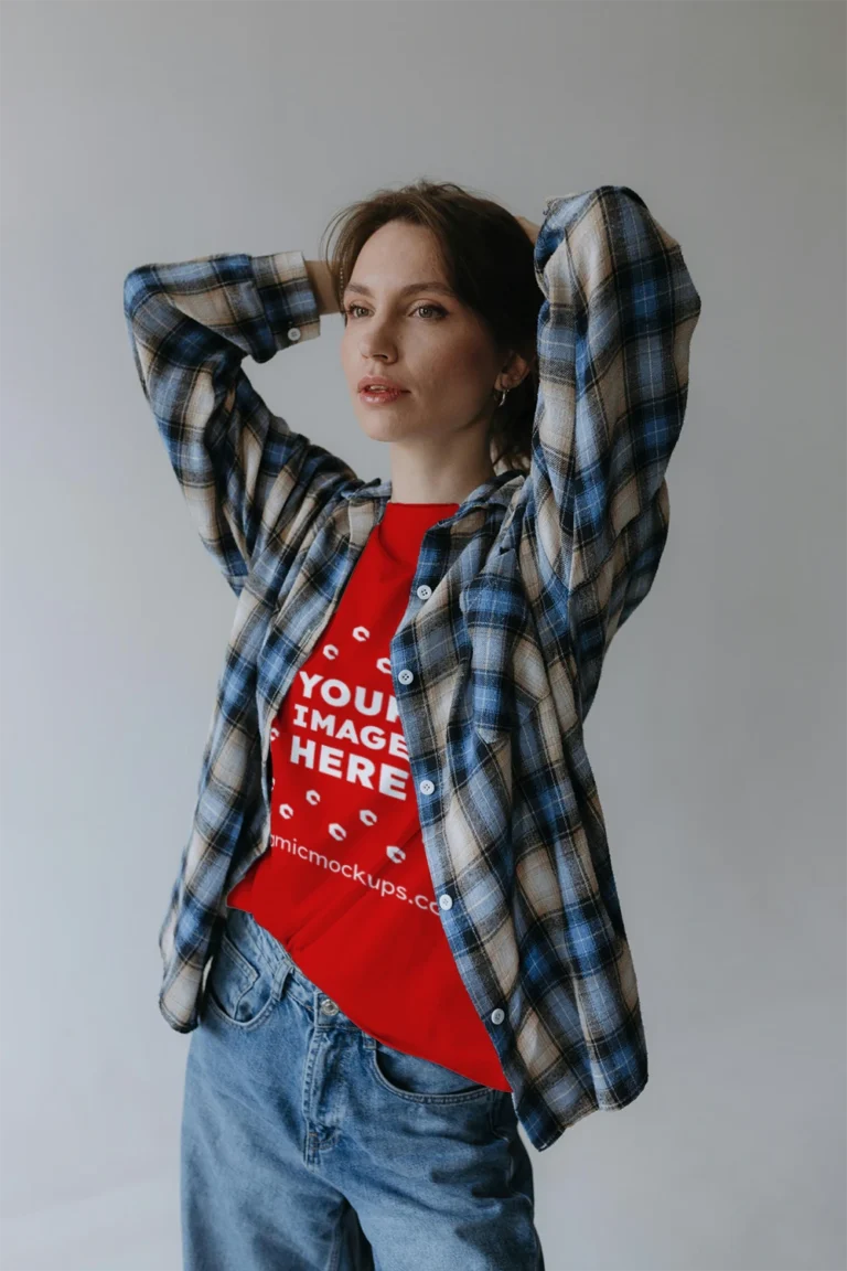 Woman Wearing Red T-shirt Mockup Front View Template