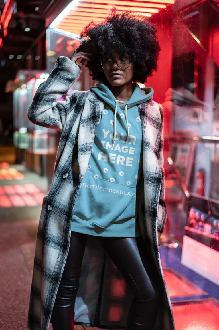 Woman Wearing Sky Blue Hoodie Mockup Front View Template