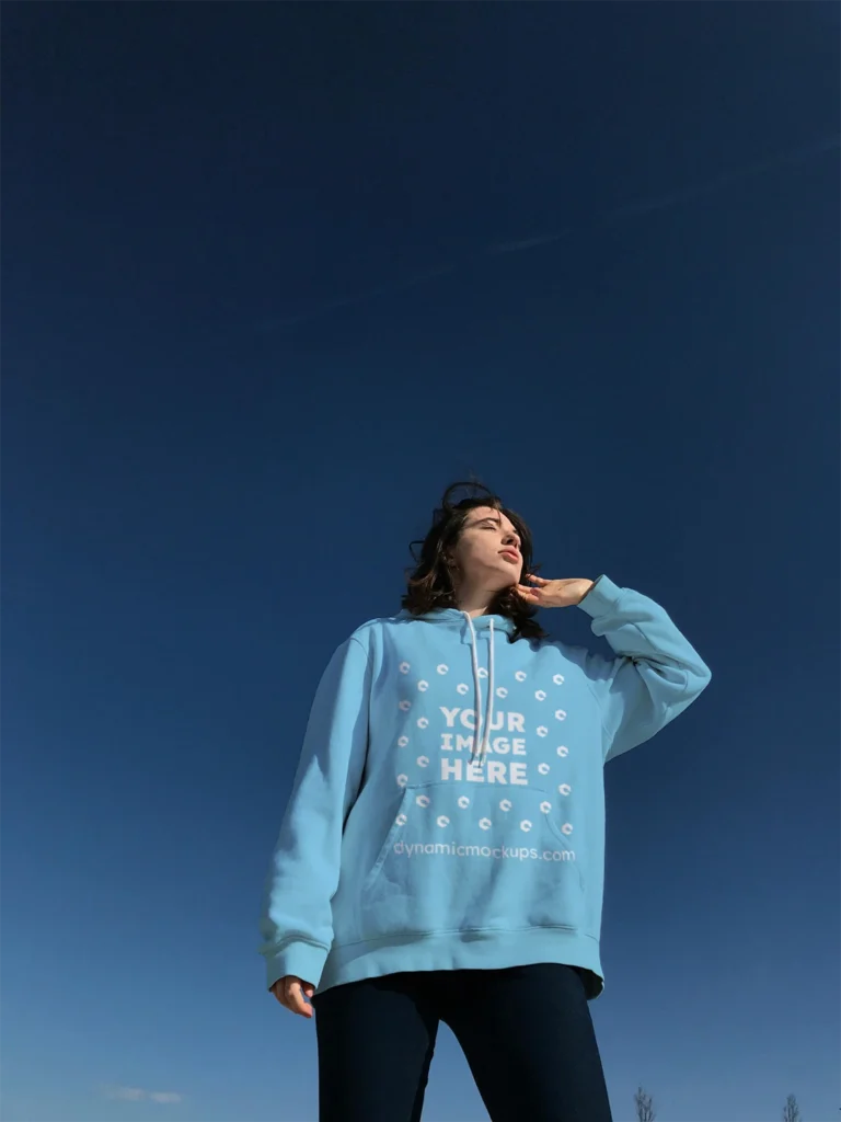 Woman Wearing Sky Blue Hoodie Mockup Front View Template