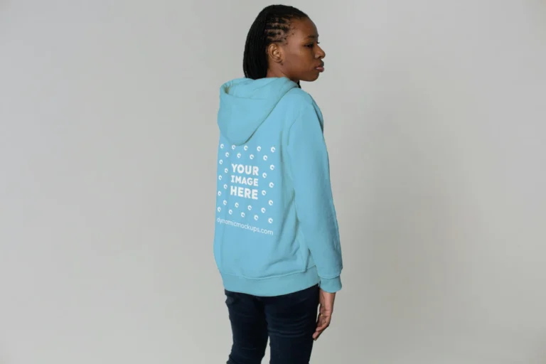 Woman Wearing Sky Blue Hoodie Mockup Back View Template