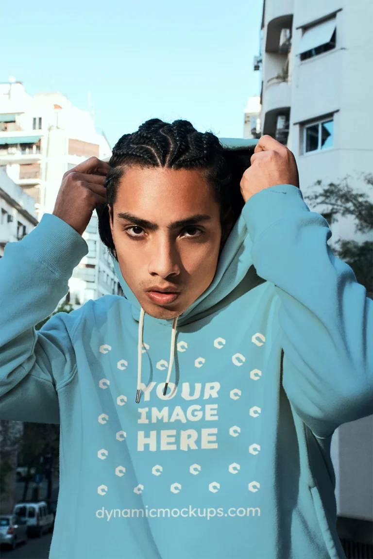 Woman Wearing Sky Blue Hoodie Mockup Front View Template
