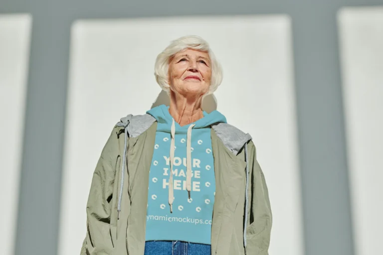 Woman Wearing Sky Blue Hoodie Mockup Front View Template