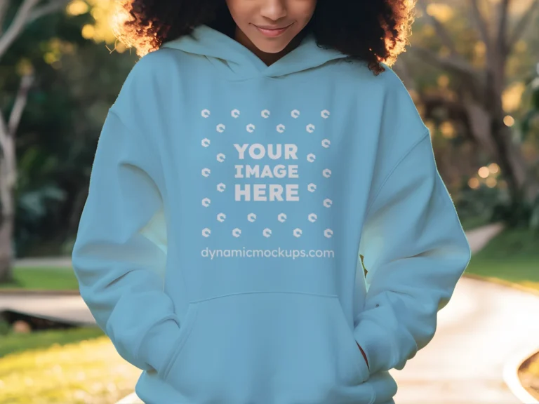 Woman Wearing Sky Blue Hoodie Mockup Front View Template