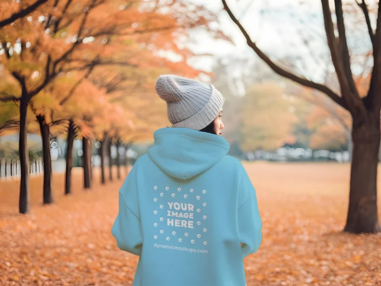 Woman Wearing Sky Blue Hoodie Mockup Back View Template