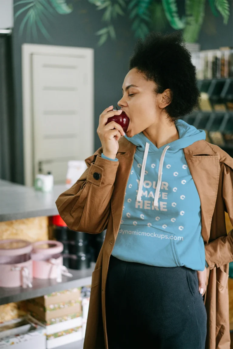 Woman Wearing Sky Blue Hoodie Mockup Front View Template