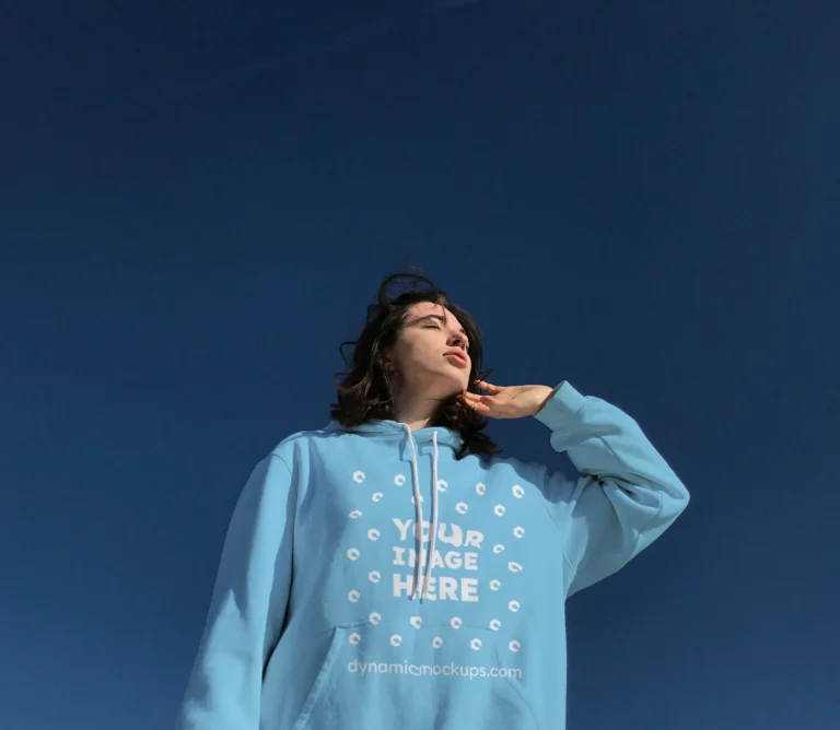 Woman Wearing Sky Blue Hoodie Mockup Front View Template