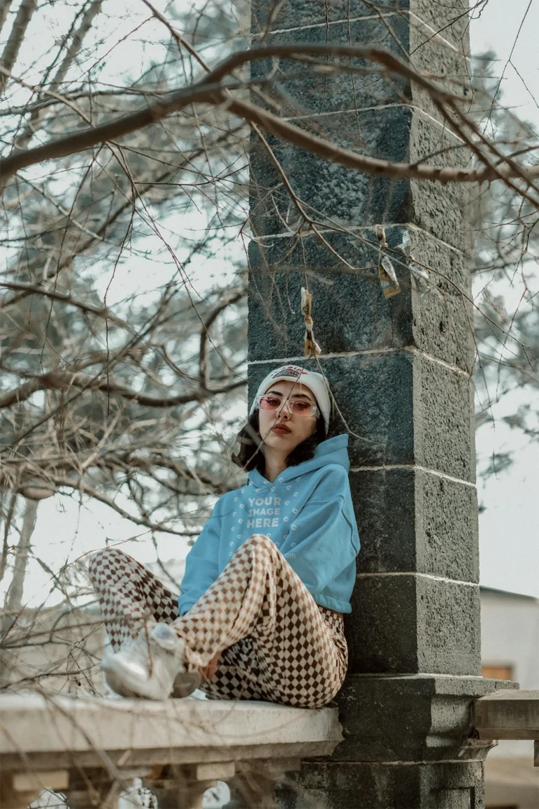 Woman Wearing Sky Blue Hoodie Mockup Front View Template