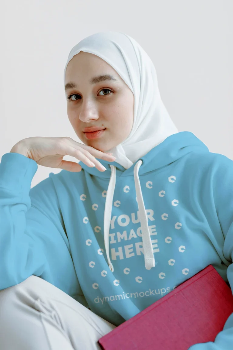 Woman Wearing Sky Blue Hoodie Mockup Front View Template
