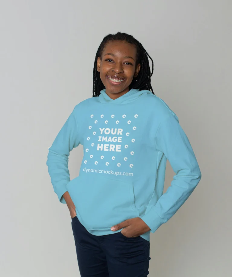 Woman Wearing Sky Blue Hoodie Mockup Front View Template