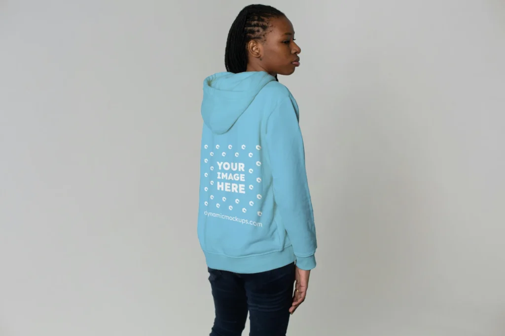 Woman Wearing Sky Blue Hoodie Mockup Back View Template
