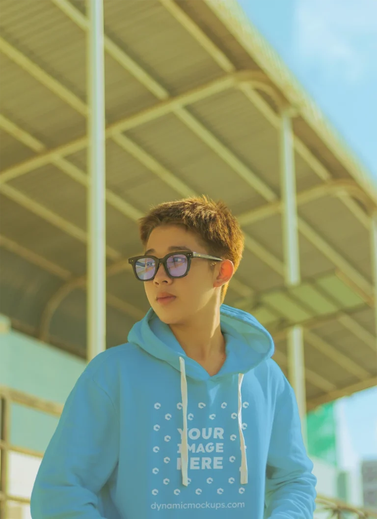 Woman Wearing Sky Blue Hoodie Mockup Front View Template