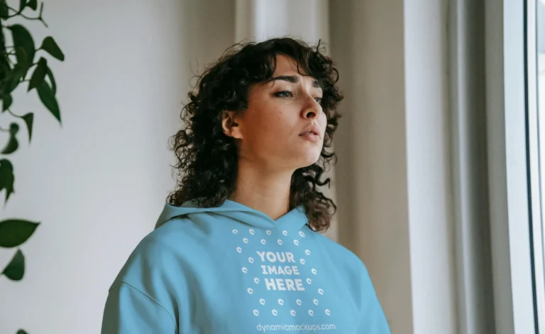 Woman Wearing Sky Blue Hoodie Mockup Front View Template