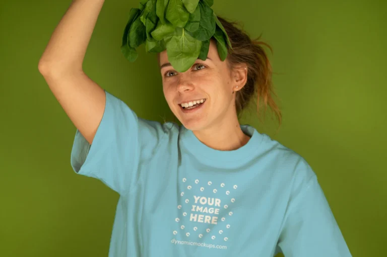Woman Wearing Sky Blue T-shirt Mockup Front View Template