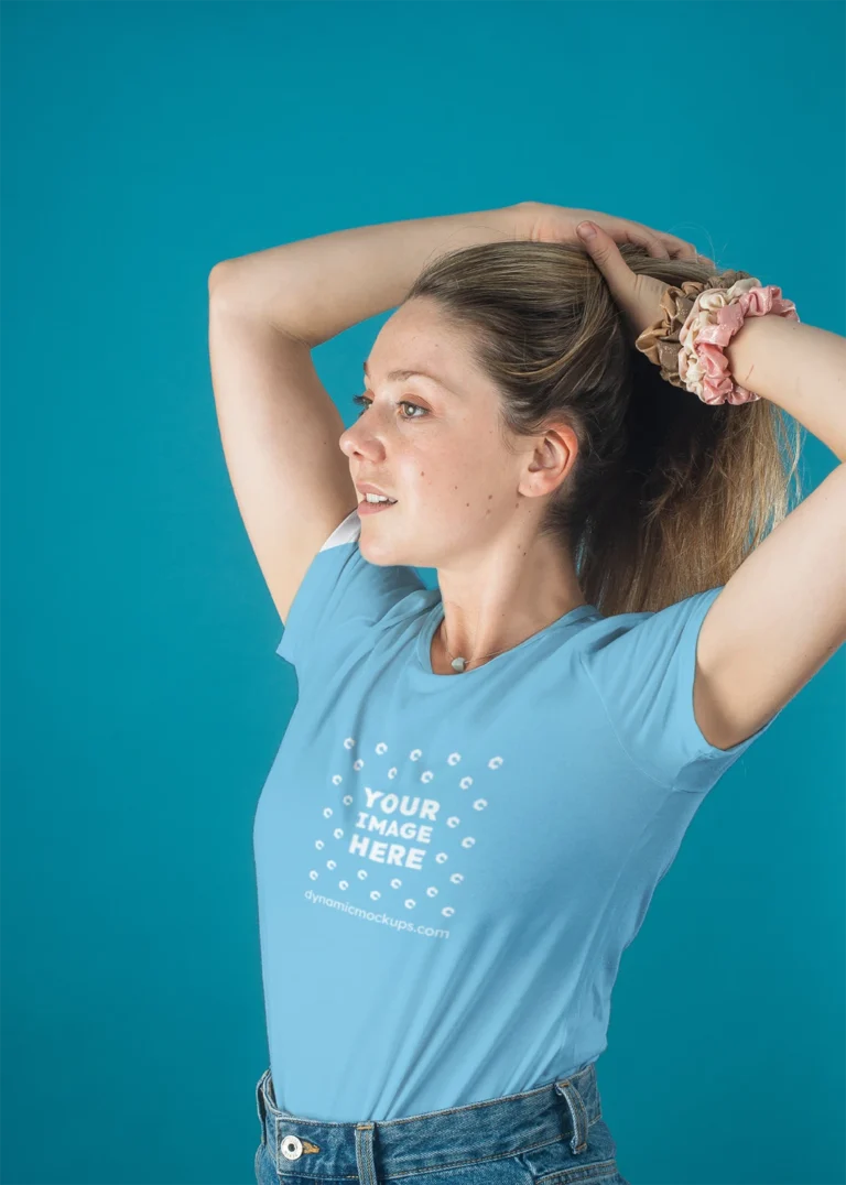 Woman Wearing Sky Blue T-shirt Mockup Front View Template