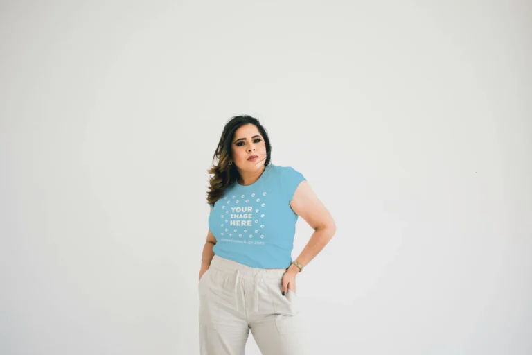 Woman Wearing Sky Blue T-shirt Mockup Front View Template