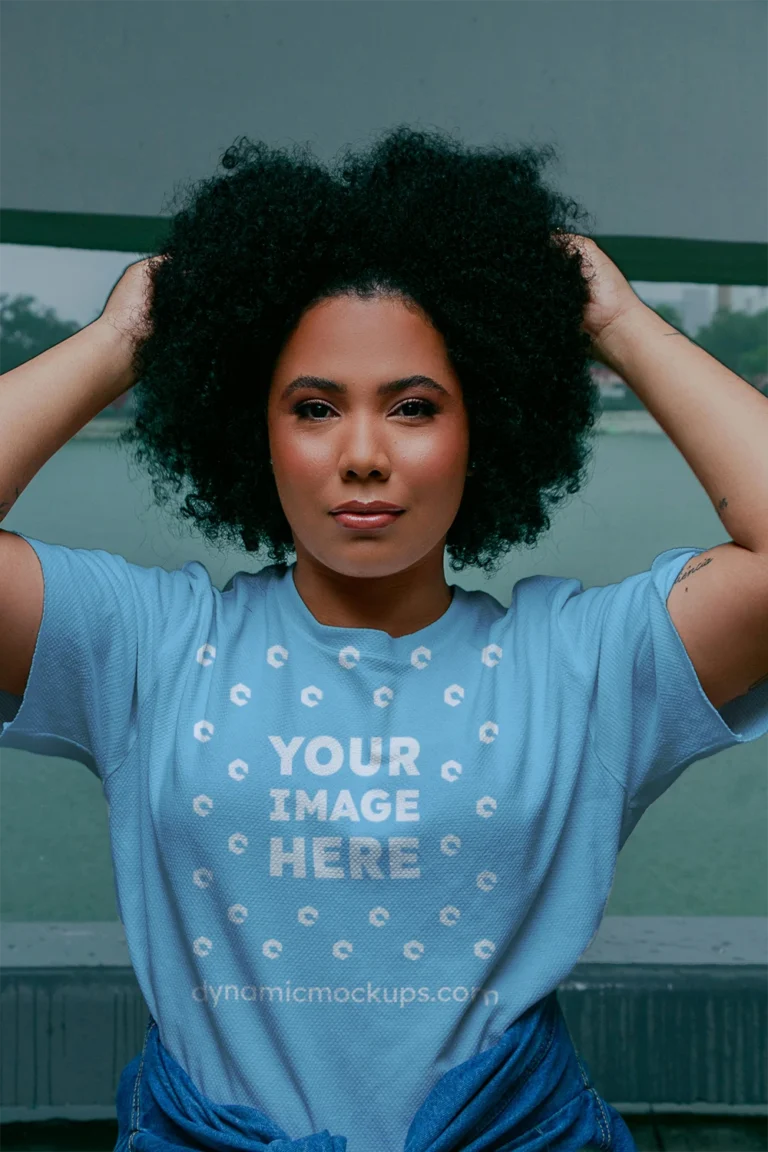 Woman Wearing Sky Blue T-shirt Mockup Front View Template