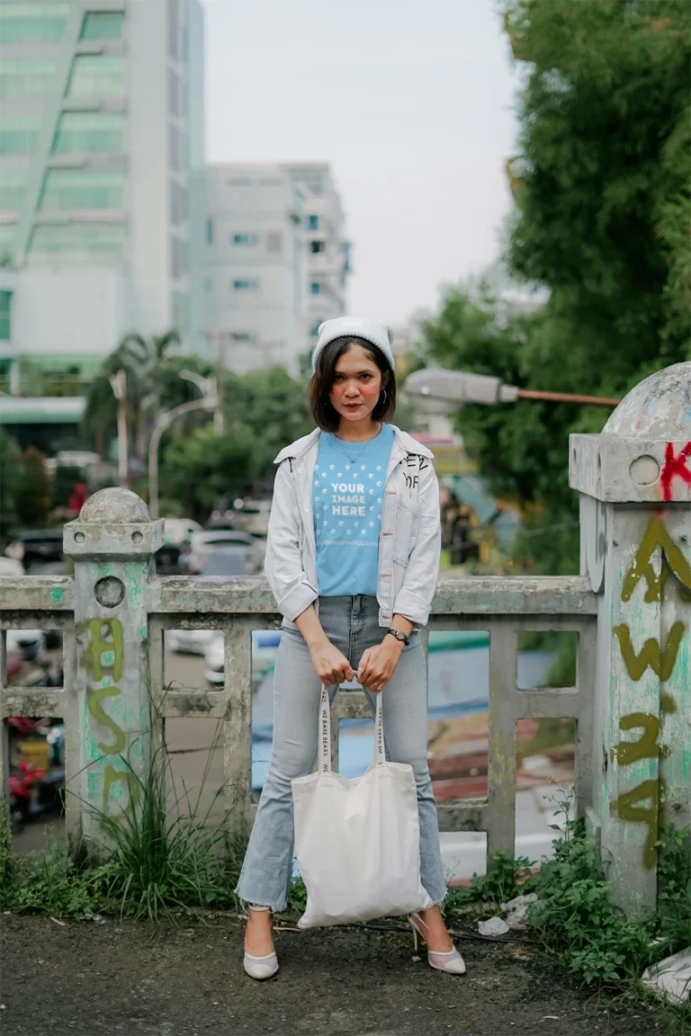 Woman Wearing Sky Blue T-shirt Mockup Front View Template