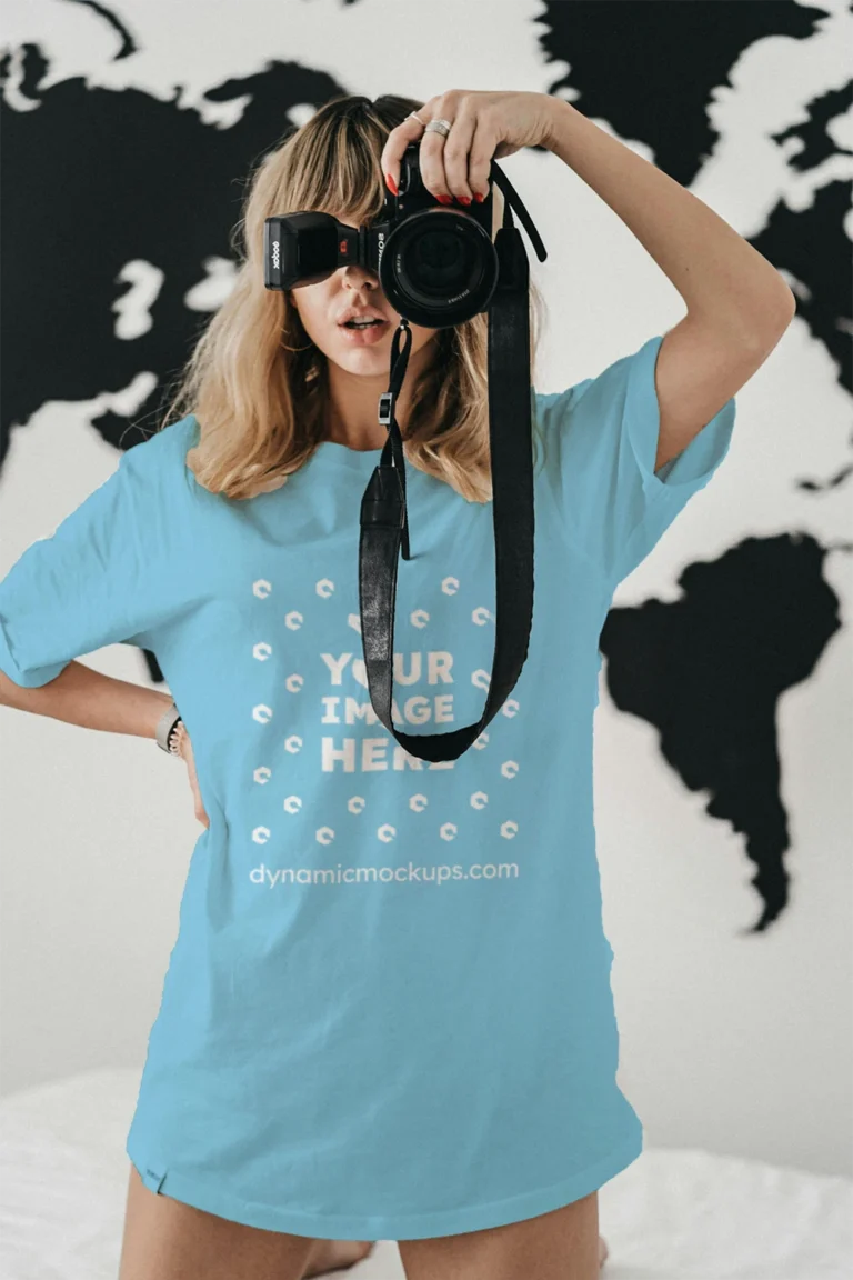 Woman Wearing Sky Blue T-shirt Mockup Front View Template