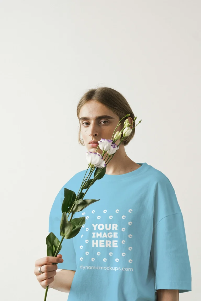 Woman Wearing Sky Blue T-shirt Mockup Front View Template