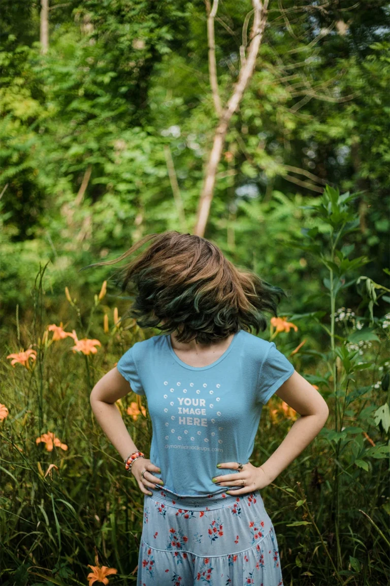 Woman Wearing Sky Blue T-shirt Mockup Front View Template