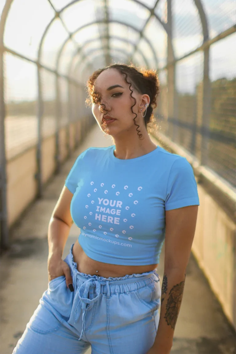 Woman Wearing Sky Blue T-shirt Mockup Front View Template