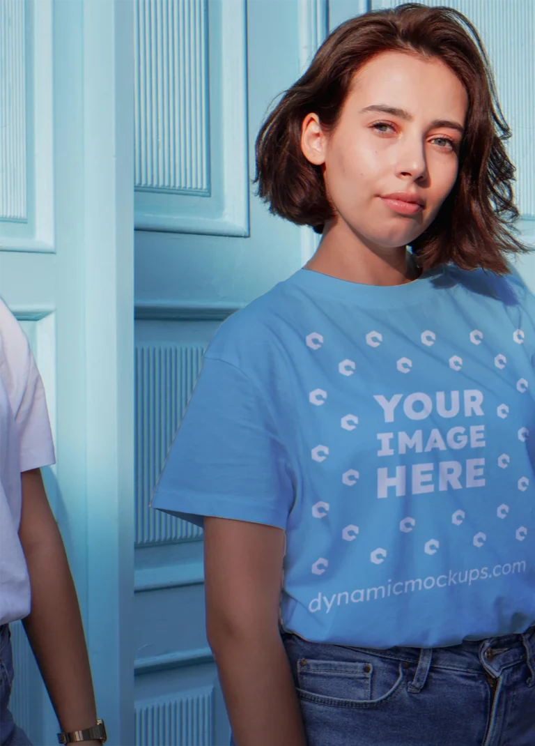 Woman Wearing Sky Blue T-shirt Mockup Front View Template