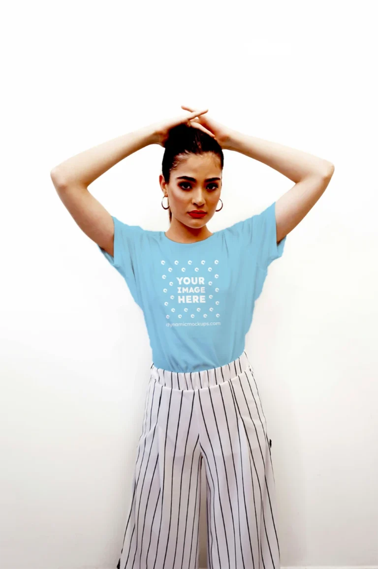 Woman Wearing Sky Blue T-shirt Mockup Front View Template