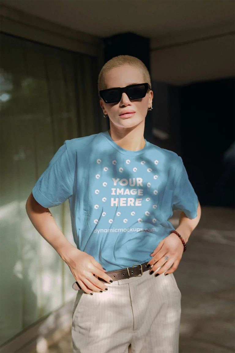 Woman Wearing Sky Blue T-shirt Mockup Front View Template