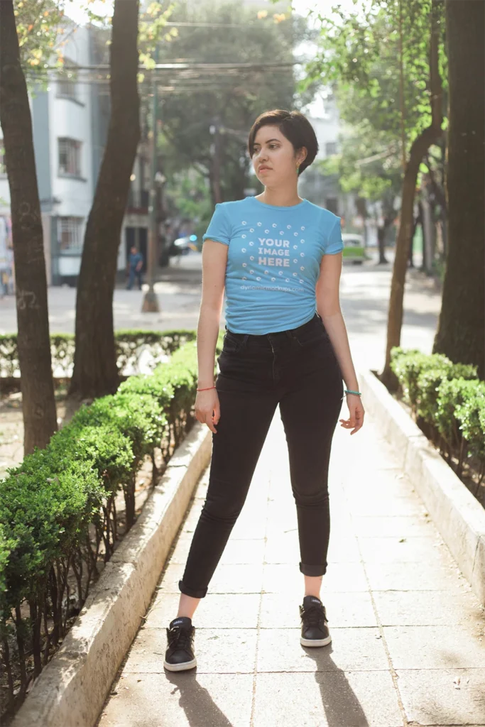 Woman Wearing Sky Blue T-shirt Mockup Front View Template