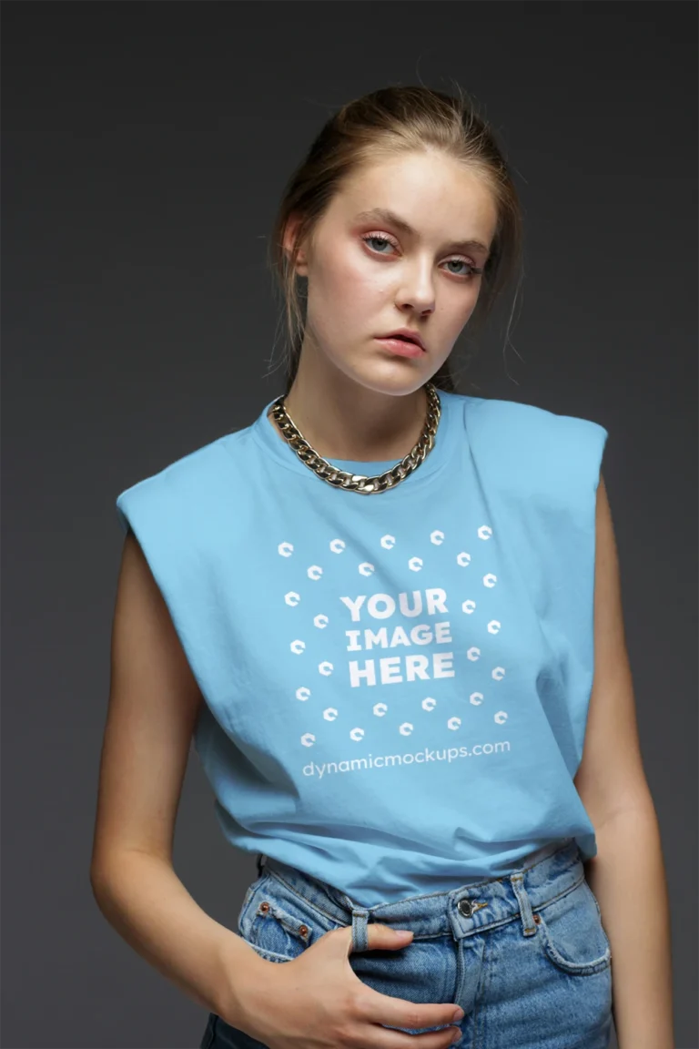 Woman Wearing Sky Blue T-shirt Mockup Front View Template