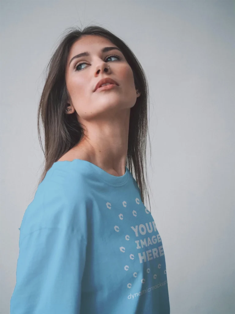 Woman Wearing Sky Blue T-shirt Mockup Front View Template