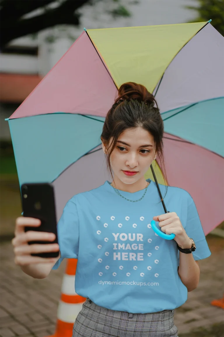 Woman Wearing Sky Blue T-shirt Mockup Front View Template