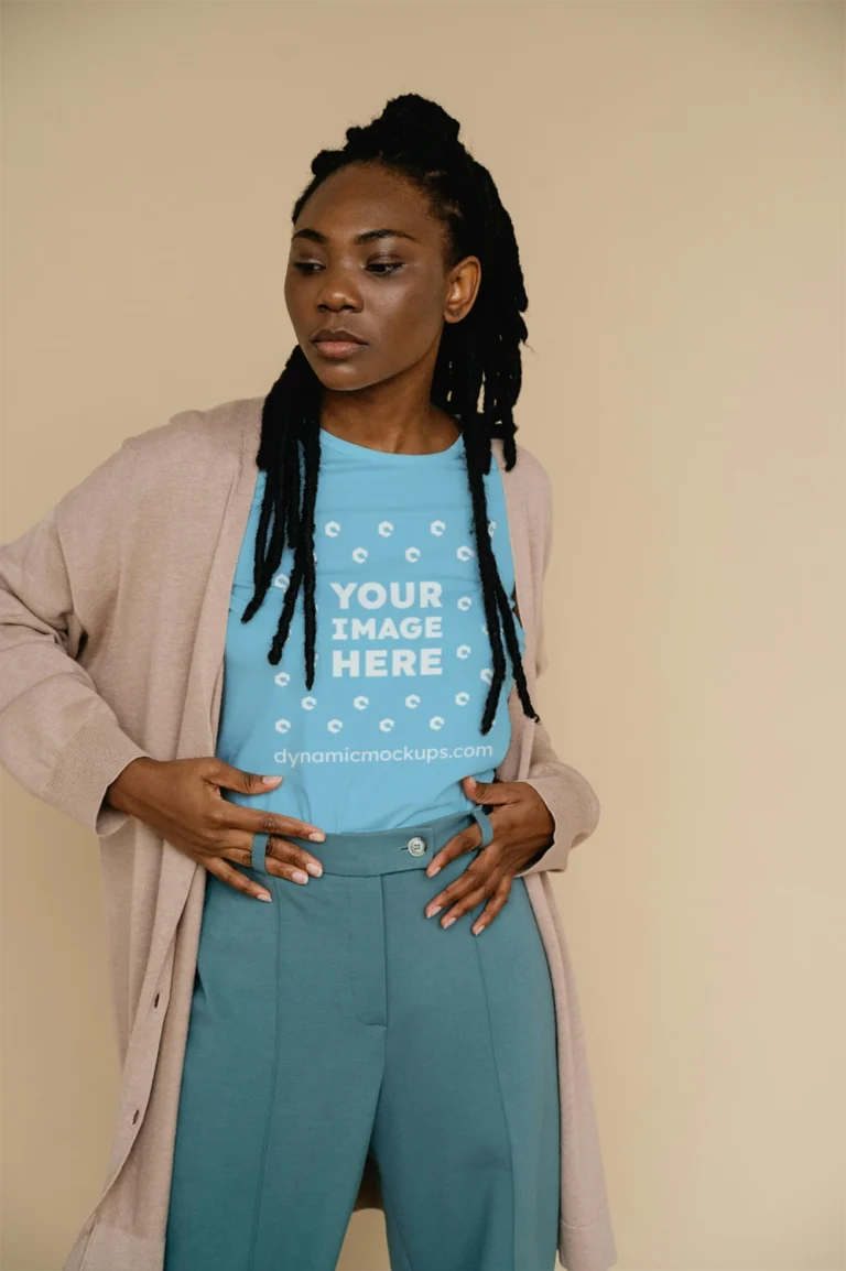 Woman Wearing Sky Blue T-shirt Mockup Front View Template