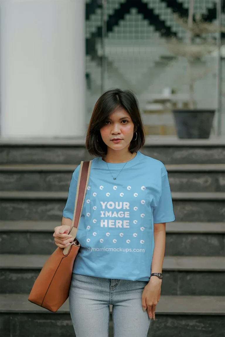Woman Wearing Sky Blue T-shirt Mockup Front View Template