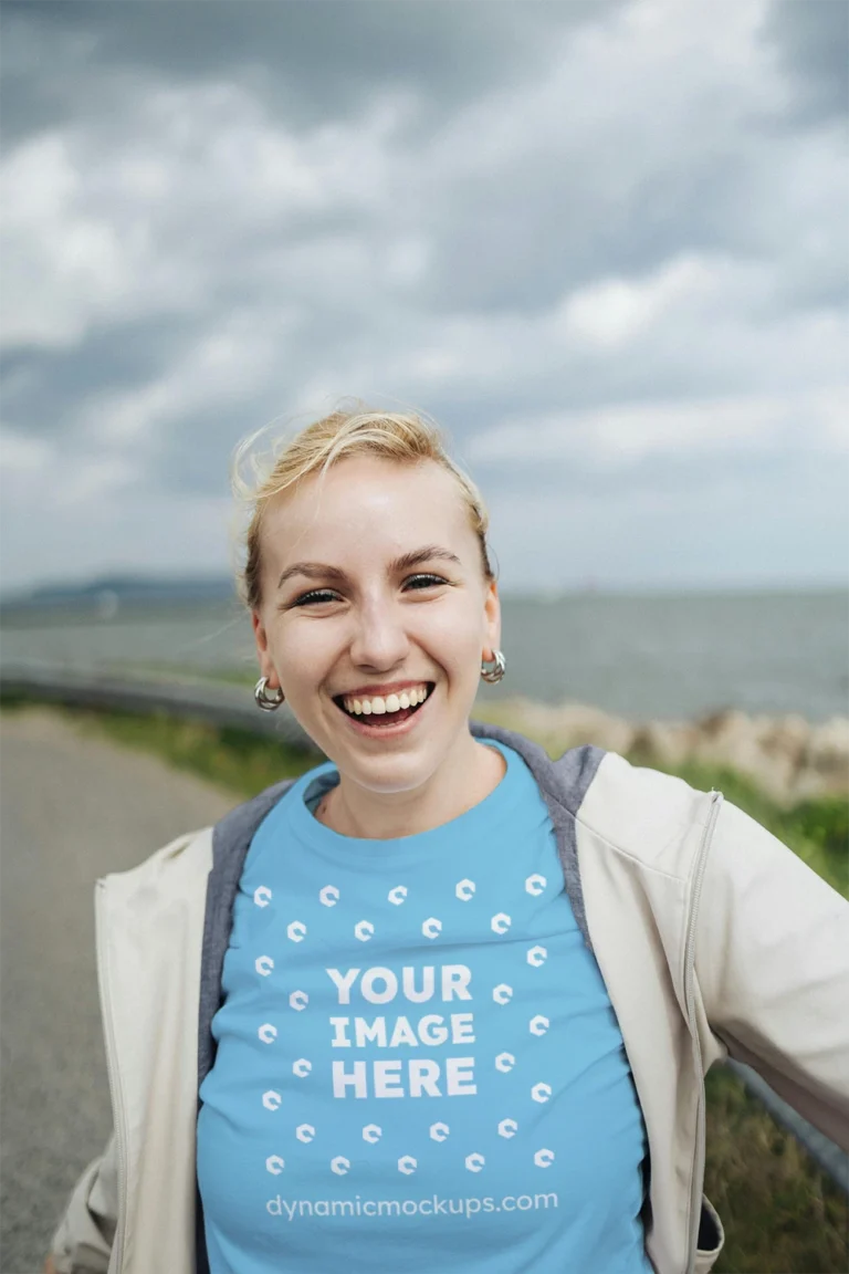 Woman Wearing Sky Blue T-shirt Mockup Front View Template