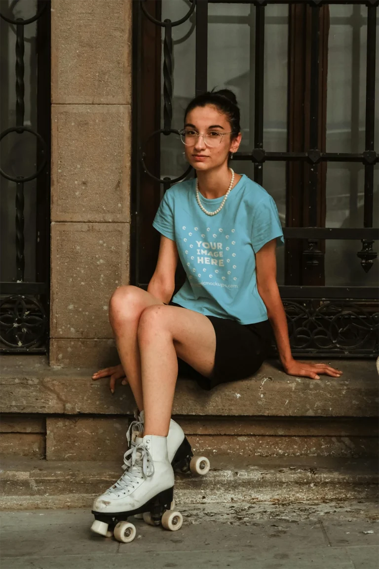 Woman Wearing Sky Blue T-shirt Mockup Front View Template