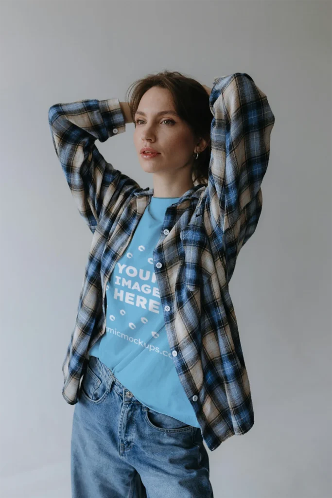 Woman Wearing Sky Blue T-shirt Mockup Front View Template