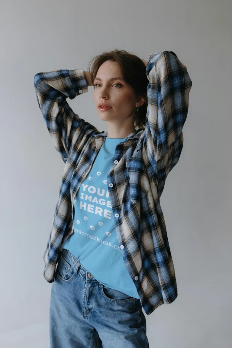 Woman Wearing Sky Blue T-shirt Mockup Front View Template