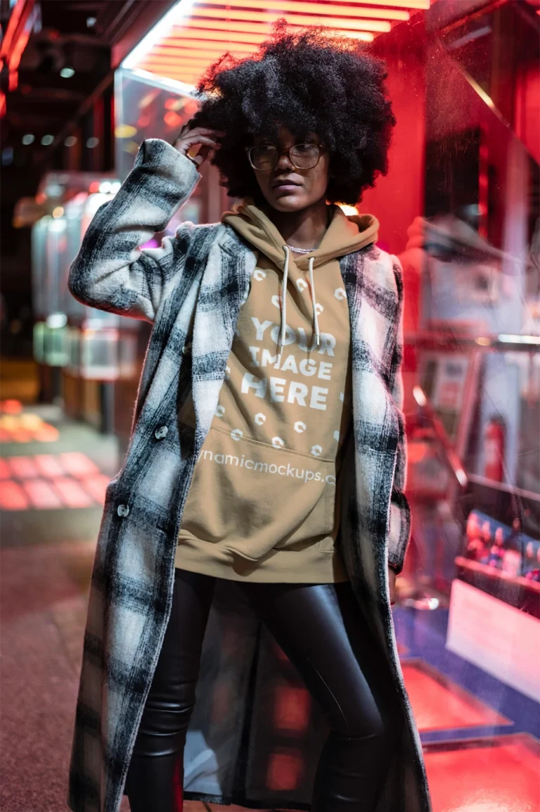 Woman Wearing Tan Hoodie Mockup Front View Template