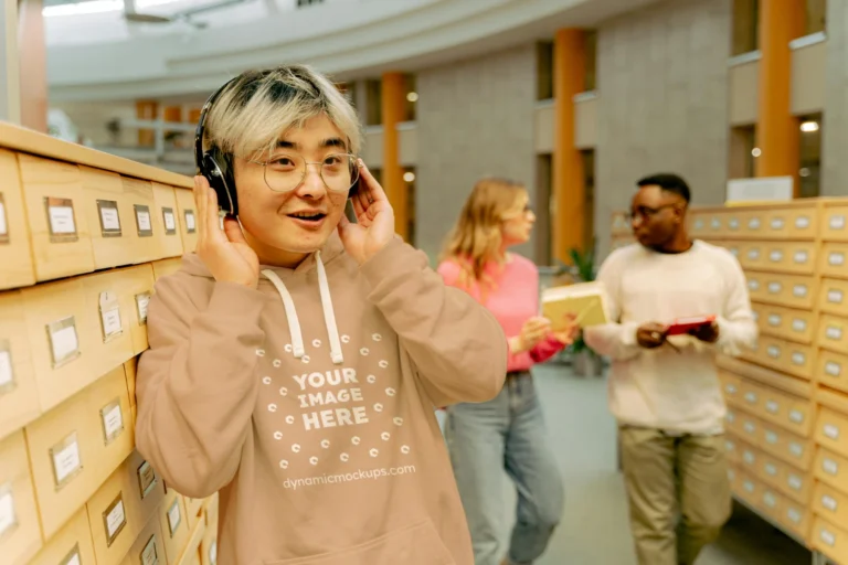 Woman Wearing Tan Hoodie Mockup Front View Template