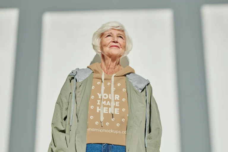 Woman Wearing Tan Hoodie Mockup Front View Template