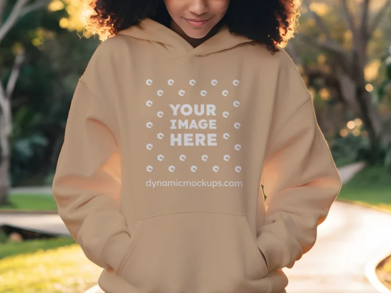 Woman Wearing Tan Hoodie Mockup Front View Template