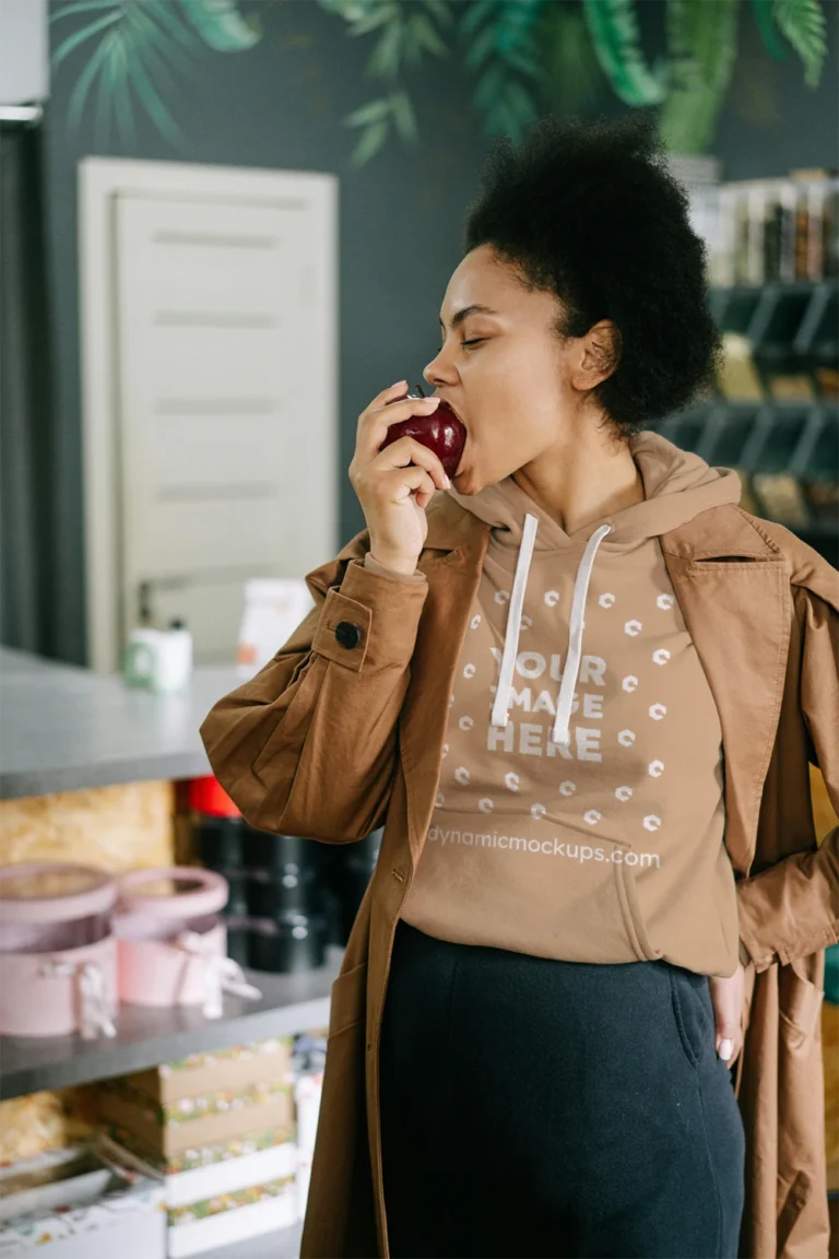 Woman Wearing Tan Hoodie Mockup Front View Template