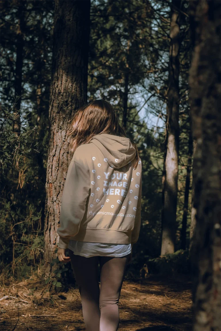 Woman Wearing Tan Hoodie Mockup Back View Template